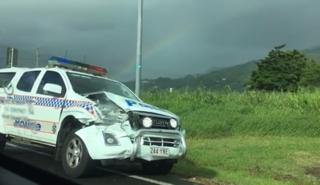 A rammed police car at the Yorkey's Knob roundabout on the Captain Cook Highway this morning. Picture: supplied
