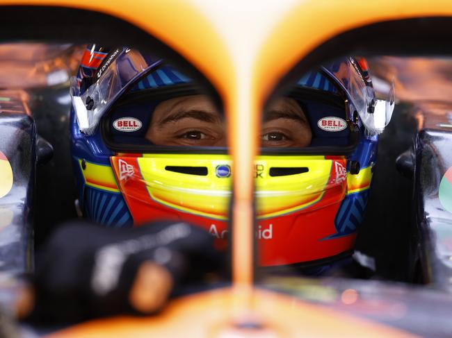BARCELONA, SPAIN - JUNE 21: Oscar Piastri of Australia and McLaren prepares to drive in the garage during practice ahead of the F1 Grand Prix of Spain at Circuit de Barcelona-Catalunya on June 21, 2024 in Barcelona, Spain. (Photo by Chris Graythen/Getty Images)