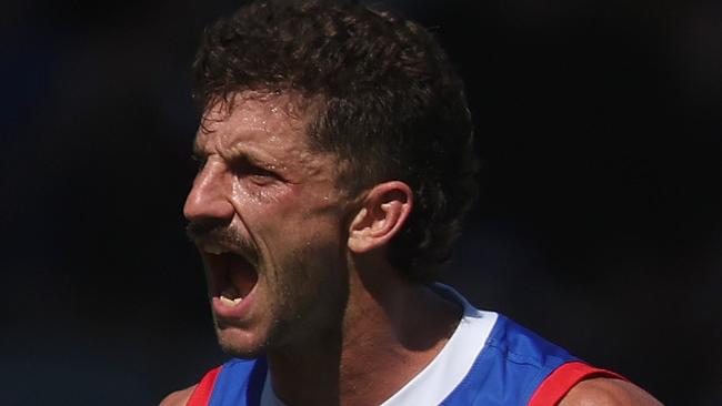 BALLARAT, AUSTRALIA - MARCH 24: Tom Liberatore of the Bulldogs celebrates kicking a goal during the round two AFL match between Western Bulldogs and Gold Coast Suns at Mars Stadium, on March 24, 2024, in Ballarat, Australia. (Photo by Daniel Pockett/Getty Images)