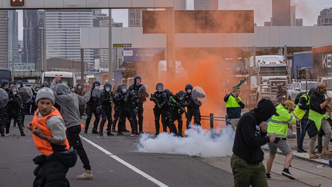 Scenes of the protest on Westgate Bridge. Picture: Jason Edwards