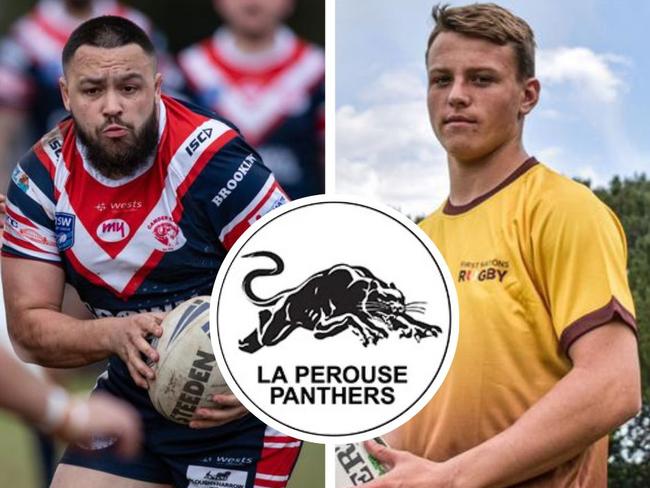 Corey Makelim and Harley Lester lead the charge for the La Perouse Panthers. Picture: Julian Andrews/Rugby Australia