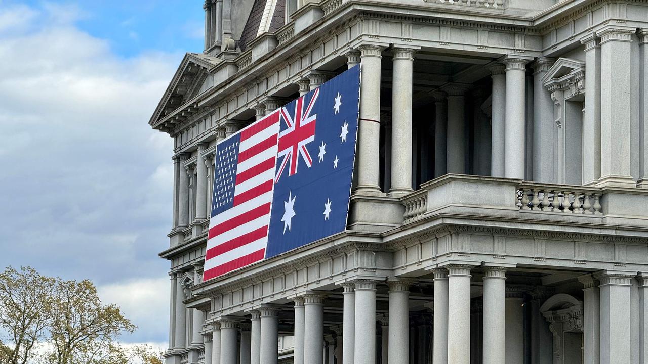 Flags of Australia and US adorn the Eisenhower Executive Office Building of the White House in Washington, DC on October 21, 2023 ahead of the state visit of Australian Prime Minister Anthony Albanese on October 25. Picture: Daniel Slim / AFP