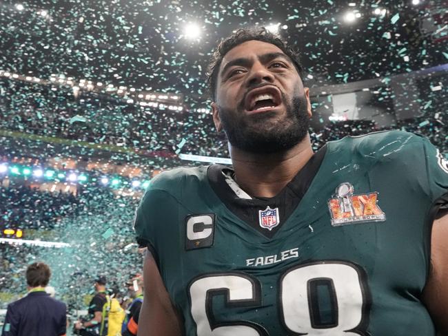 Philadelphia Eagles offensive tackle Jordan Mailata (68) celebrates after defeating the Kansas City Chiefs in the NFL Super Bowl 59 football game, Sunday, Feb. 9, 2025, in New Orleans. (AP Photo/Doug Benc)