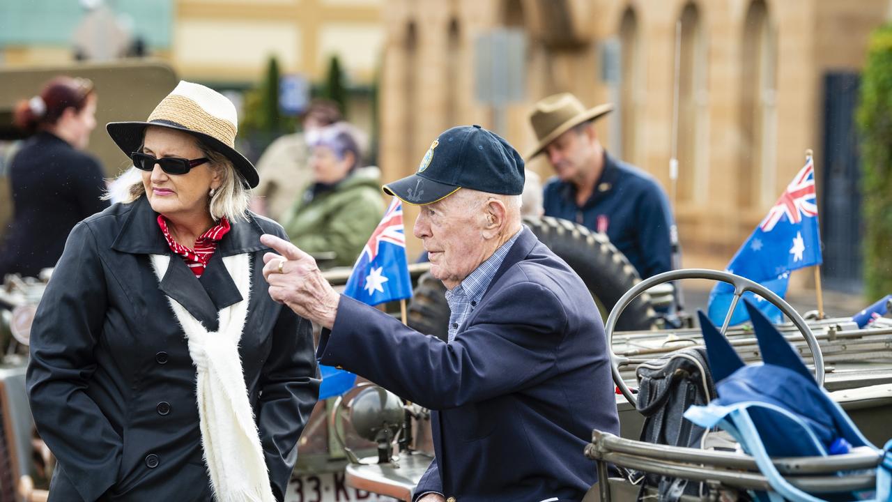 Korea and Malay veteran Ken Dellit talks with Sherry Heath before the Anzac Day morning march and service, Monday, April 25, 2022. Picture: Kevin Farmer