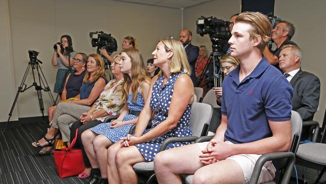 Family of Tasmanian Premier Will Hodgman LR Lilly, wife Nicky and son Will as he addresses the media and announces that he will resign as Premier. Picture: Zak Simmonds