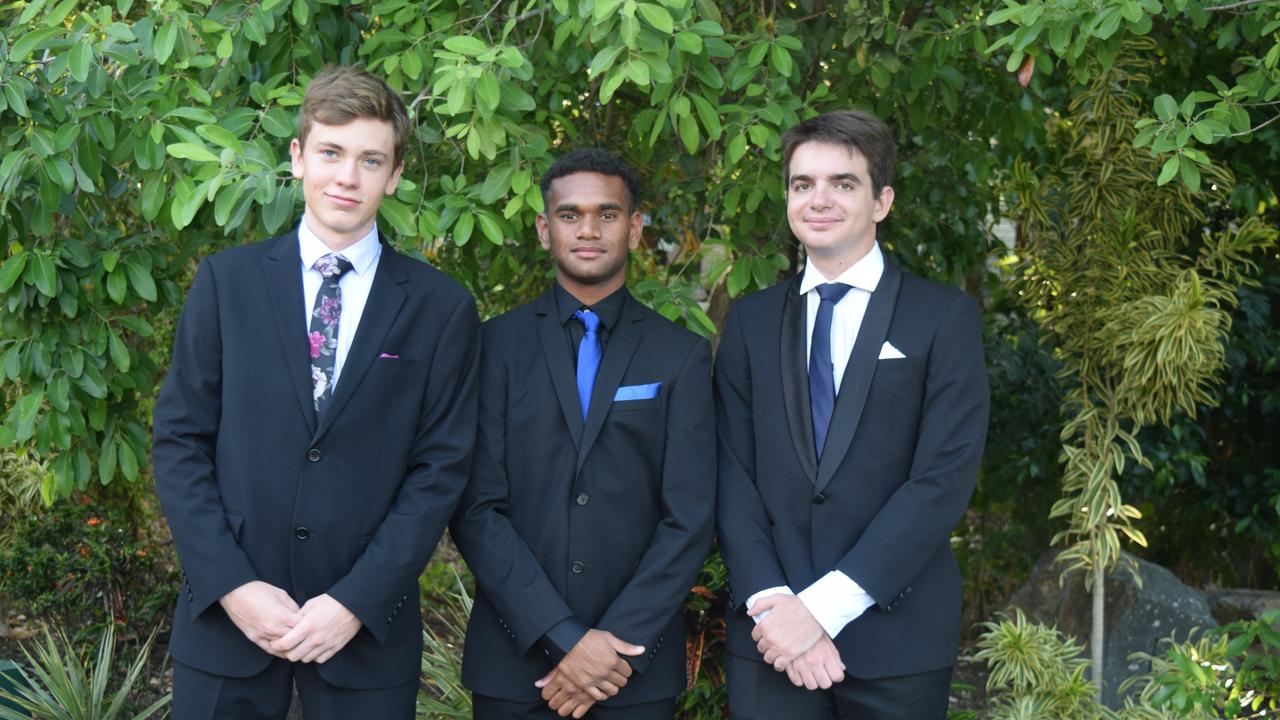 Orry Ferguson, Hosea Parter and Max Mitchell at the Whitsunday Christian College school formal. Picture: Laura Thomas