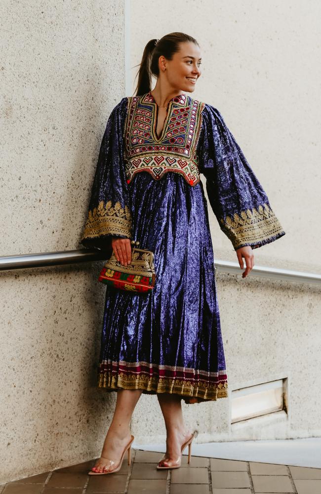 A model wearing Sakena the Label clothing, run by Maryam Oria. She employs women in Afghanistan who make garments in a secret home after the Taliban shut their factory and banned colourful clothing.