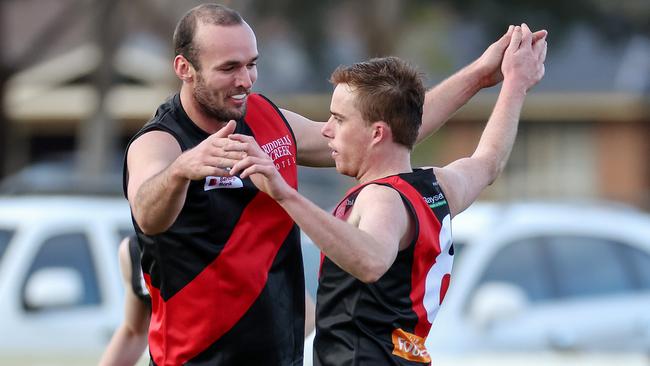 Josh Grabham and Tommy Alkemade celebrate a goal. Picture: George Sal