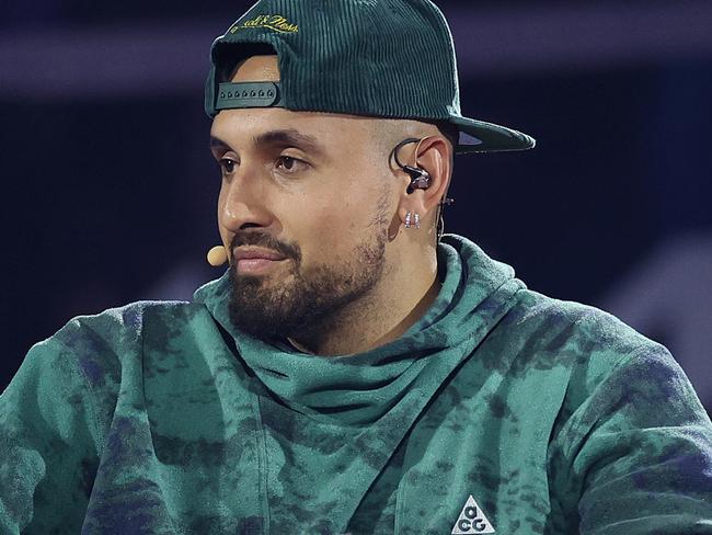 MELBOURNE, AUSTRALIA - JANUARY 11: Nick Kyrgios interviews Novak Djokovic for Hana Kuma during a charity ahead of the 2024 Australian Open at Melbourne Park on January 11, 2024 in Melbourne, Australia. (Photo by Kelly Defina/Getty Images)