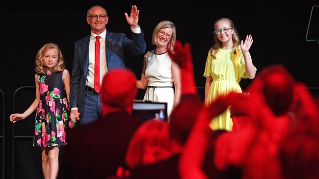 Premier Jay Weatherill with his wife Melissa and daughters Lucinda and Alice at Labor’s election campaign launch on Sunday. Picture: Tom Huntley