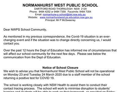 A letter from the principal of Normanhurst West Public School to parents.