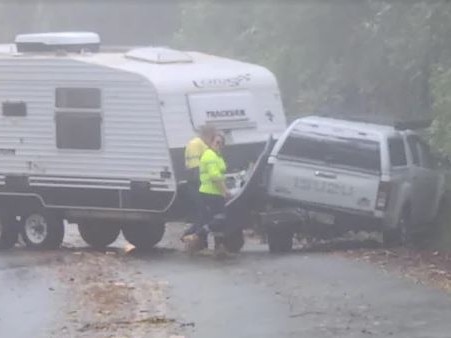 A Queensland man has called for stricter licensing rules after he was delayed for more than an hour by a caravan blockingroad access when its driver lost control of the vehicle. Picture: Yahoo News