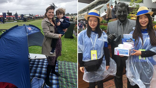 Suzie, Noah and their trusty tent (left) and Chinese volunteers Phoebe and Xinyu.