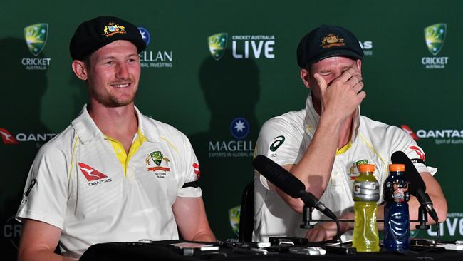 Cameron Bancroft (left) leaves his skipper in stitches during the post-match presser.