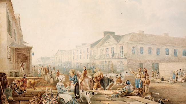 George St looking south in January 1842 in a watercolour by Henry Curzon.