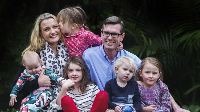 Dominic Perrottet pictured with his wife Helen and five of his children in 2018. Picture: Jenny Evans