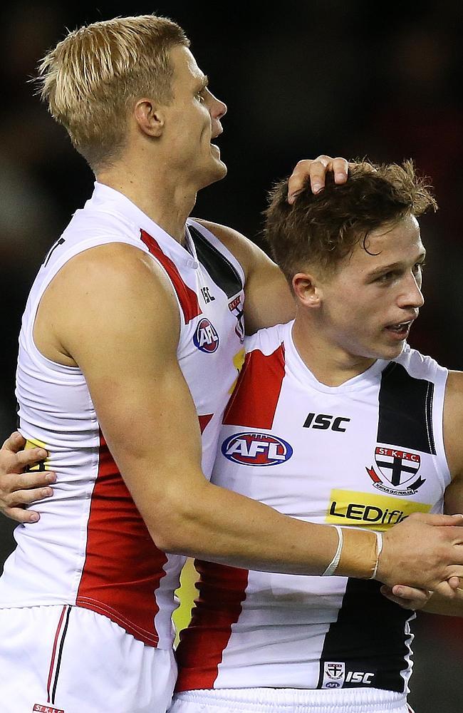 St Kilda champ Nick Riewoldt celebrates a goal with youngster Jack Billings. Picture: Wayne Ludbey