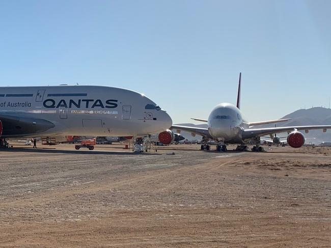 Qantas engineers develop ’wheel whackers’ to scare off rattlesnakes during A380 maintenance procedures. Picture: Supplied