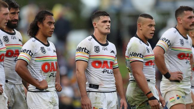 Nathan Cleary and Panthers players look on after a Parramatta try. Picture: Brett Costello