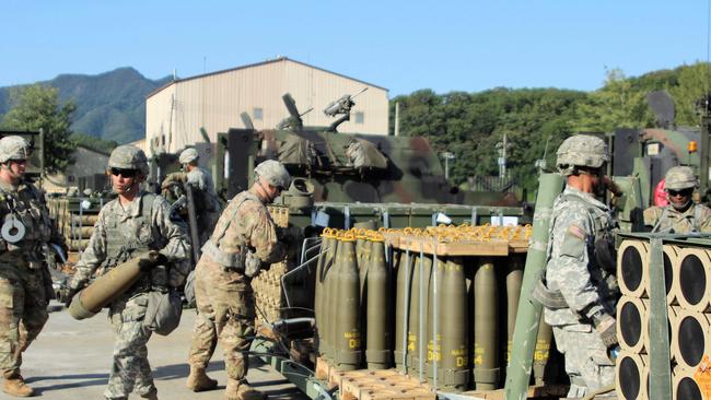 Soldiers from the US army during a load exercise directed by the 210th Field Artillery Brigade in Ukraine.