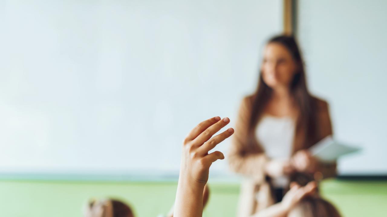 Rear view of school children raising up hands during lesson in classroom of elementary school. School girl putting up hand in classroom of elementary school.