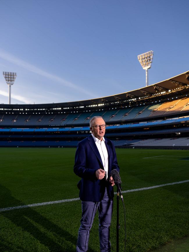 The setting sparked numerous footy puns throughout Mr Albanese’s morning TV appearances. Picture: Jason Edwards / NewsWire