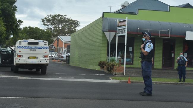 Police direct traffic after the incident in Moon Street, Ballina on Monday. Picture: Tessa Flemming