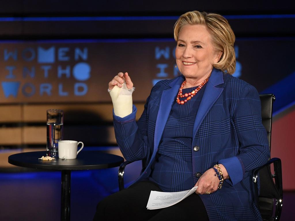 (FILES) In this file photo taken on April 13, 2018 Former Secretary of State Hillary Rodham Clinton speaks onstage at the Women of the World Summit in New York City. - Hillary Clinton on October 20, 2019 posted a joke letter on Twitter supposedly sent by John F. Kennedy during the 1962 Cuban missile crisis, written in the excitable style of US President Donald Trump's recent letter to Turkey. The parody letter, which has been doing the rounds for some days on social media, is written on mocked-up White House letter paper and addressed to Russia's then leader Nikita Khrushchev. (Photo by ANGELA WEISS / AFP)