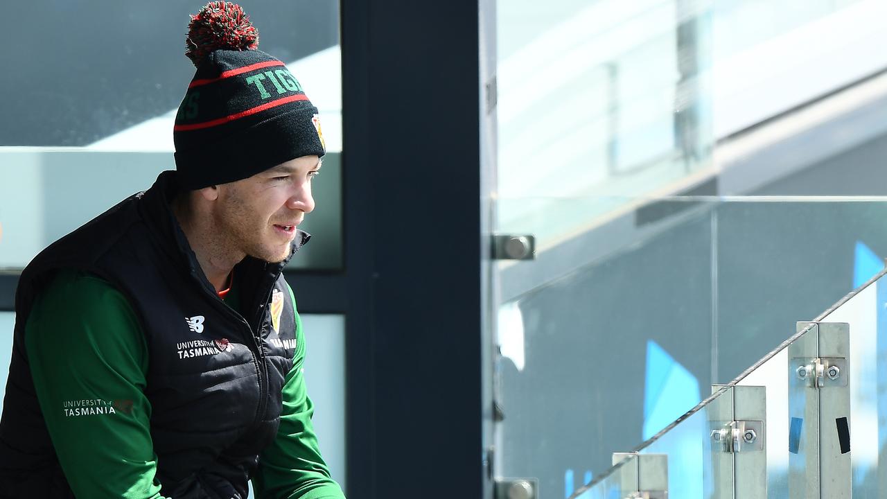 HOBART, AUSTRALIA - NOVEMBER 11: Tim Paine of the Tigers looks on during day two of the Sheffield Shield match between Tasmania and South Australia at Blundstone Arena, on November 11, 2021, in Hobart, Australia. (Photo by Steve Bell/Getty Images)