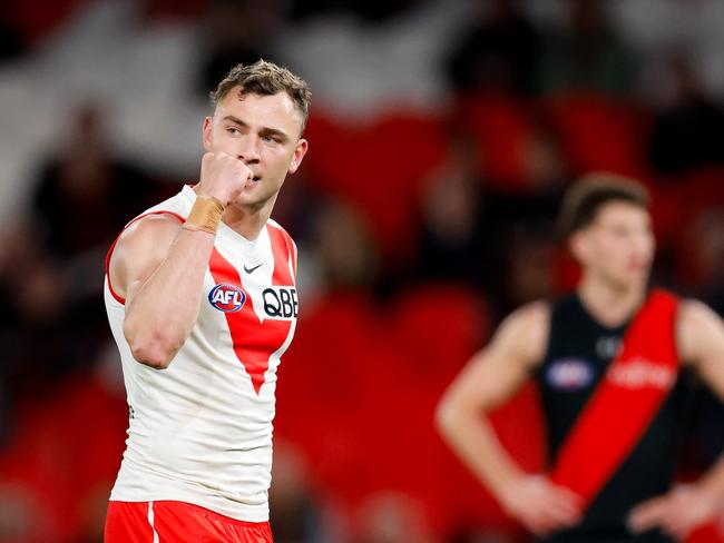 MELBOURNE, AUSTRALIA - AUG 16: Will Hayward of the Swans celebrates a goal during the 2024 AFL Round 23 match between Essendon Bombers and the Sydney Swans at Marvel Stadium on August 16, 2024 in Melbourne, Australia. (Photo by Dylan Burns/AFL Photos via Getty Images)