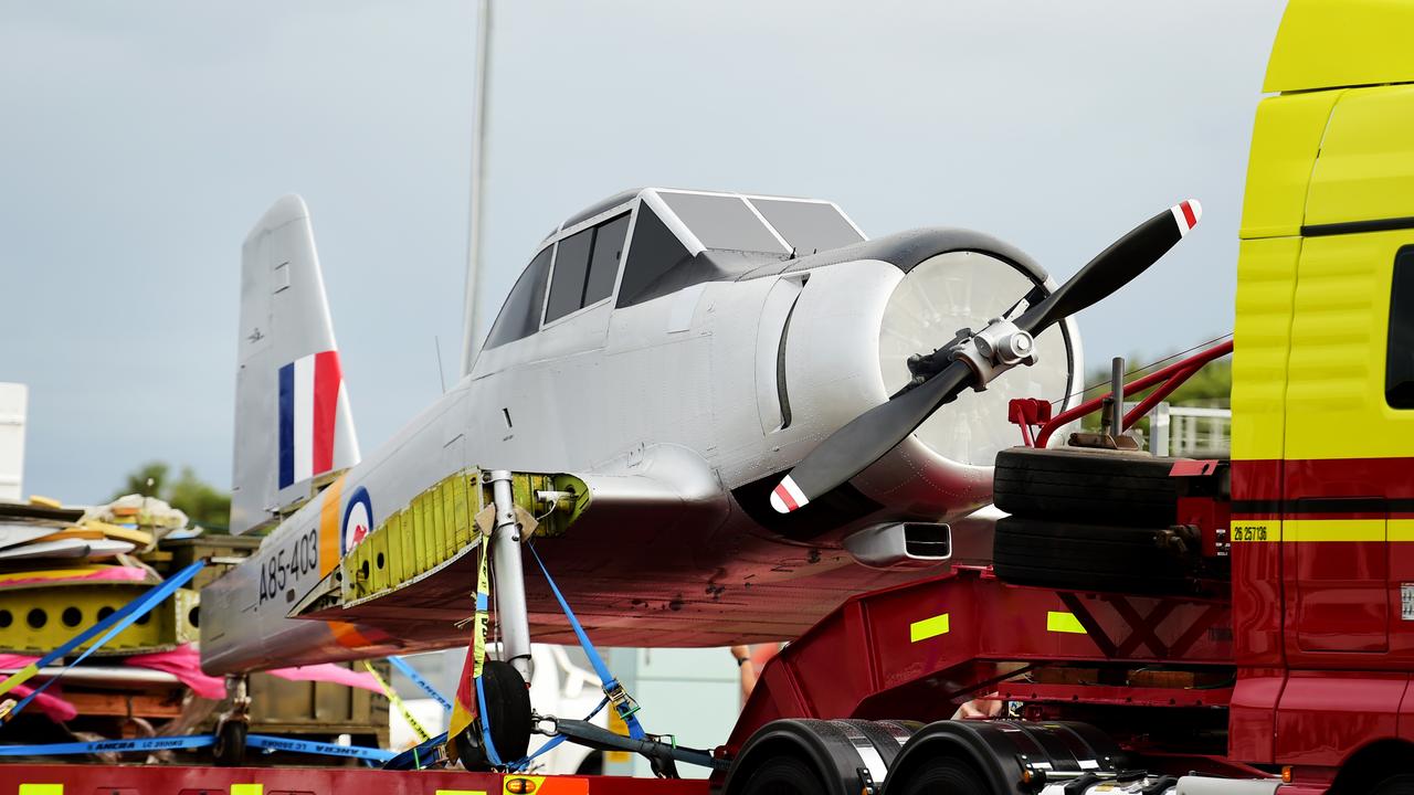 Two restored Royal Australian Air Force aircraft veterans- a Mirage fighter jet A3-55 and a Winjeel Trainer??? A85-403 - arrived at Townsville RAAF Base. Picture: Alix Sweeney