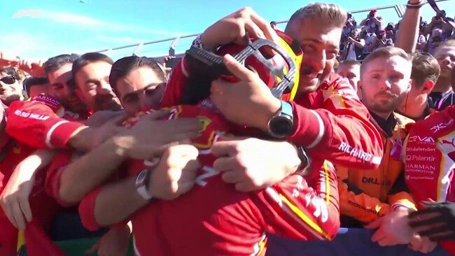 Carlos Sainz celebrates with his team. Photo: Sky Sports.