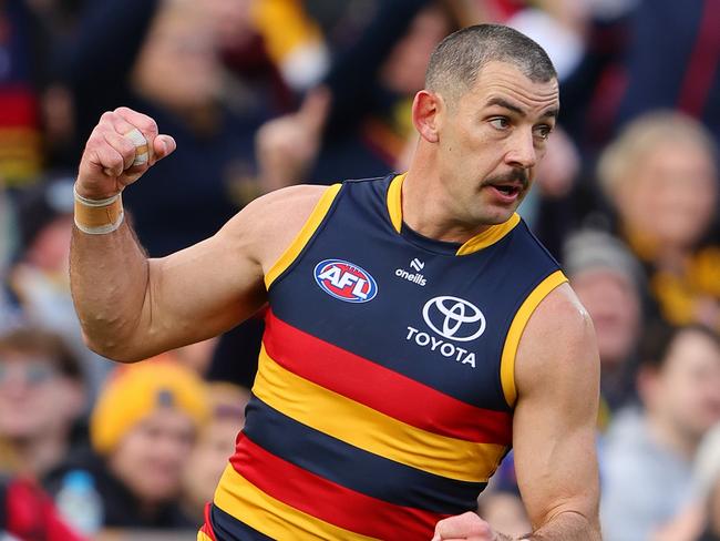 ADELAIDE, AUSTRALIA - JULY 28: Taylor Walker of the Crows celebrates a goal during the 2024 AFL Round 20 match between the Adelaide Crows and the Hawthorn Hawks at Adelaide Oval on July 28, 2024 in Adelaide, Australia. (Photo by Sarah Reed/AFL Photos via Getty Images)