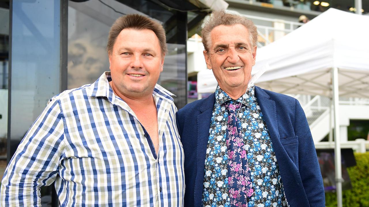 Stephen Massingham (left) and owner Tom Hedley after The Harrovian won at Doomben. Picture: Trackside Photography