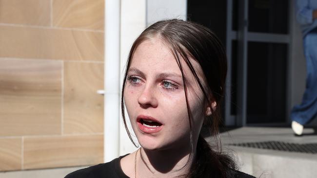 Pheobe Bishops's sister Kaylea crying outside of Bundaberg Court House after Tanika Bromley and James Wood appeared for the murder of Phoebe Bishop. Picture: Liam Kidston.
