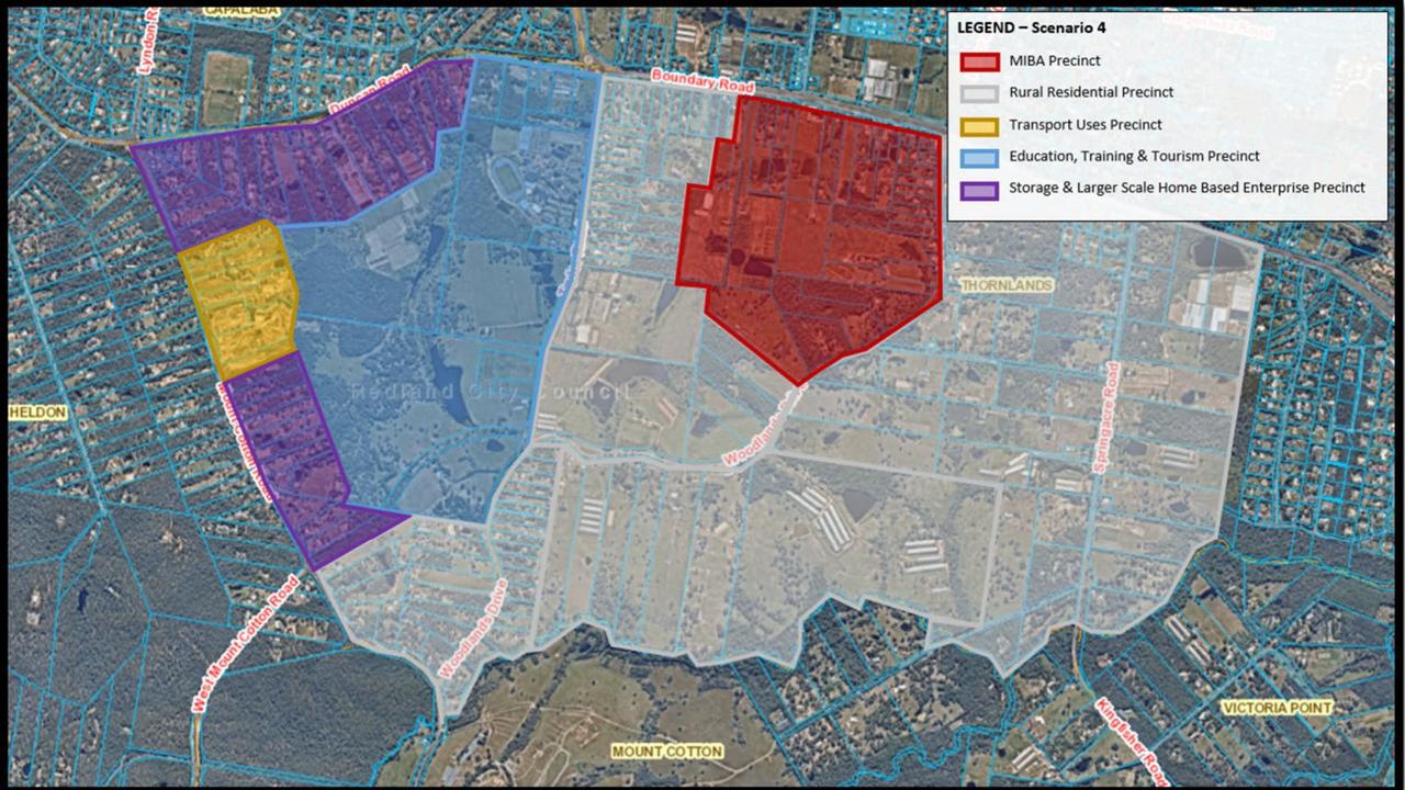Areas inside the PDA have been set aside for different uses including the red for mixed industry business; blue for educational purposes; yellow for transport; purple for storage and light green for rural residential.