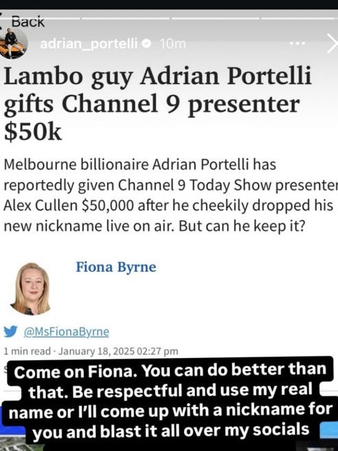 Portelli said a screenshot of Byrne’s article on Instagram. Picture: Instagram.