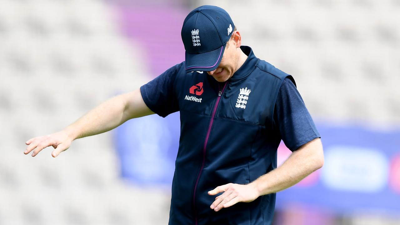 England captain Eoin Morgan hurt his finger during a training session on Friday. Picture: Getty Images