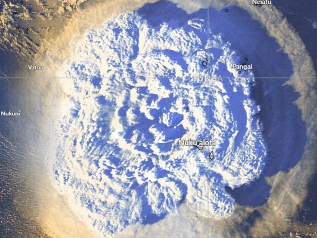 Dramatic official aerial maps showed the eruption cloud over Tonga. Picture: EyePress News / EyePress via AFP