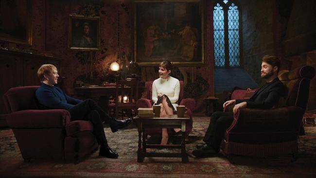 Rupert Grint, Emma Watson and Daniel Radcliffe appear in the Harry Potter reunion. Picture: HBO