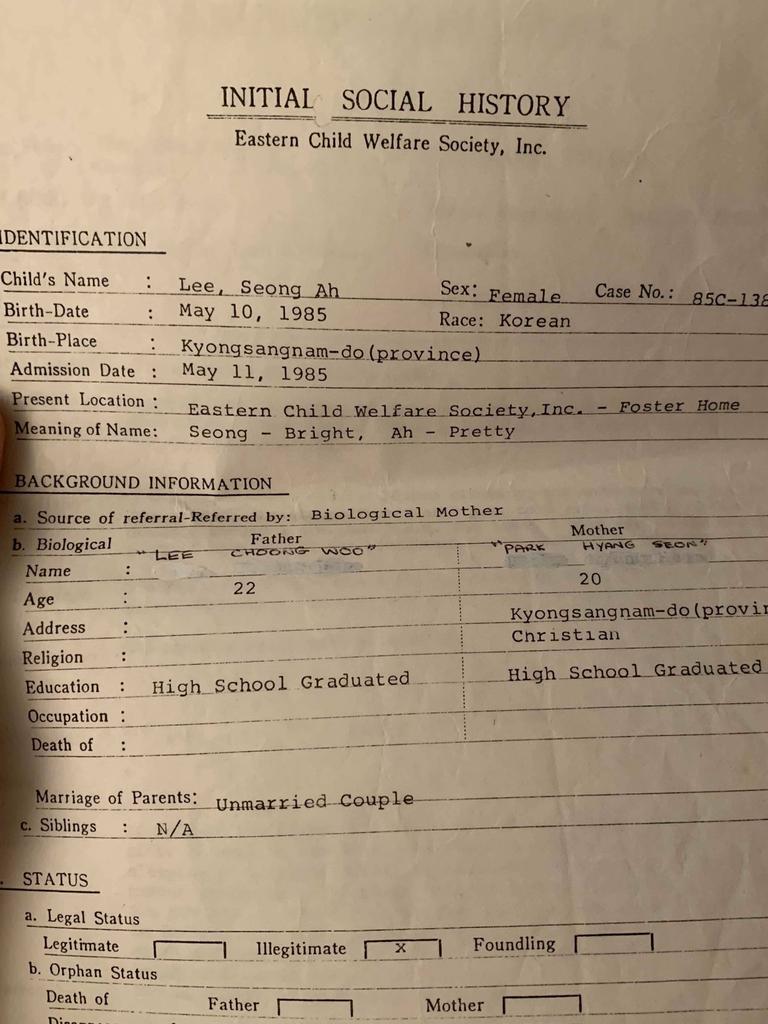 Shaylee Zerna's adoption documents with her biological parents' names whited out. Picture: Supplied.