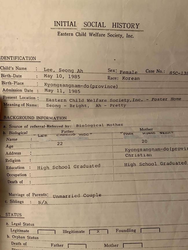 Shaylee Zerna's adoption documents with her biological parents' names whited out. Picture: Supplied.