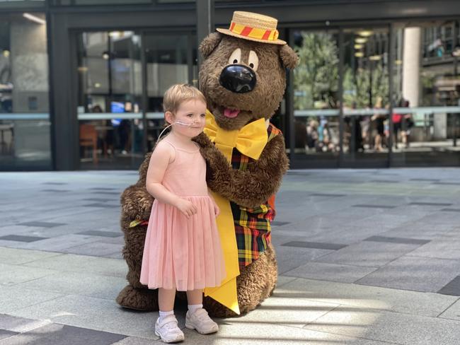 Humphrey B. Bear made a special visit to meet some of Gold Coast University Hospital's youngest patients who are battling blood cancer, including 3 year old Elsie, on Thursday, 16 March 2023. Picture: Amaani Siddeek