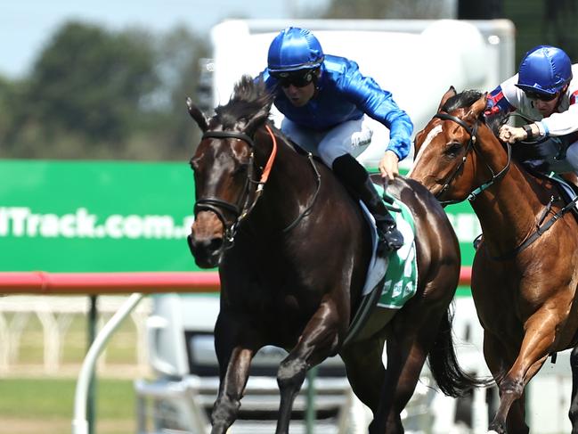 KEMBLA GRANGE, AUSTRALIA - NOVEMBER 23: Adam Hyeronimus riding Pisanello wins Race 3 Traffic Logistics during "The Gong Day" at Kembla Grange Racecourse on November 23, 2024 in Kembla Grange, Australia. (Photo by Jeremy Ng/Getty Images)