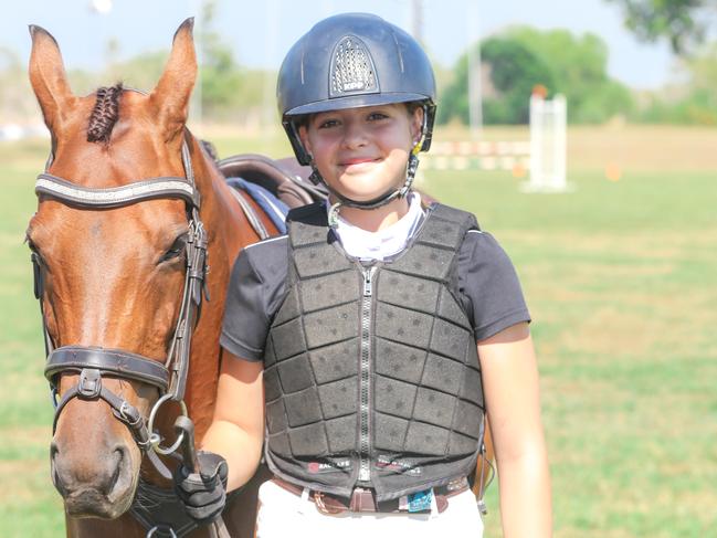 Ashleigh Overall, 12, and Alambie Park Belladonna competing on day two of the Royal Darwin Show. Picture: Glenn Campbell