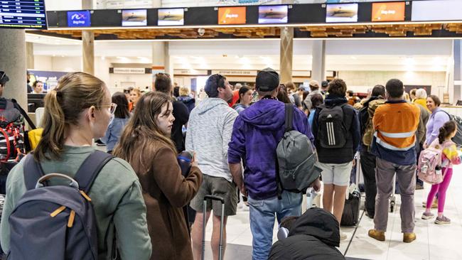 A check-in at Brisbane Airport during the CrowdStrike global IT outage. Picture: Richard Walker