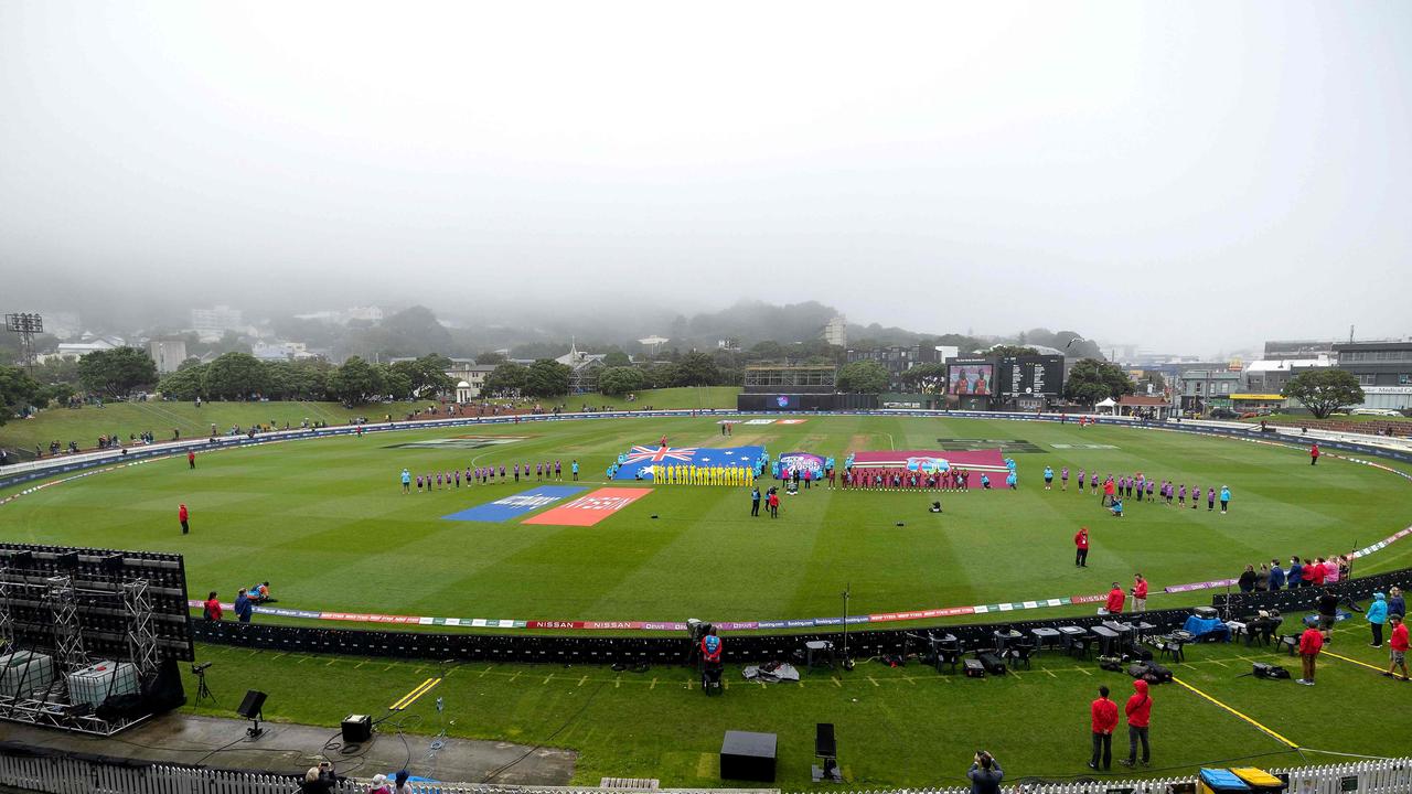 Low cloud sat over the Basin Reserve in Wellington for the early overs of the semi-final. Picture: Marty Melville / AFP