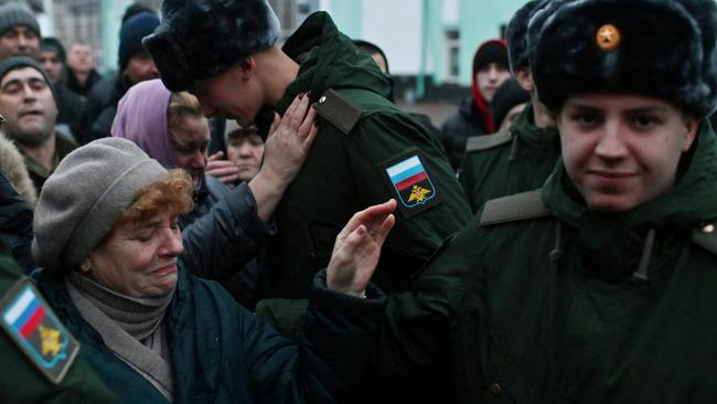 Conscripts say their farewells to family and friends as they leave Omsk earlier this month. Picture: Alexey Malgavko/Reuters/The Times