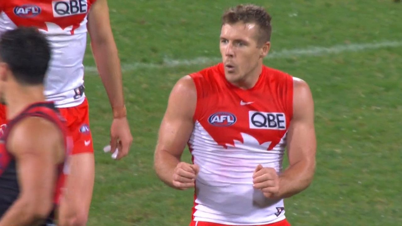 Luke Parker mocks Dylan Shiel in the Swans big win over the Bombers on Saturday night at the SCG.