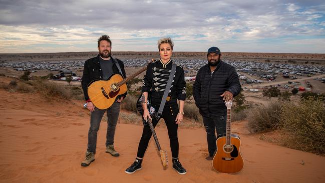 Singer-songwriters Thomas Busby, Sarah McLeod and Jeremy Marou at the Big Red Bash music festival in western Queensland on July 5, 2021. Picture: Matt Williams